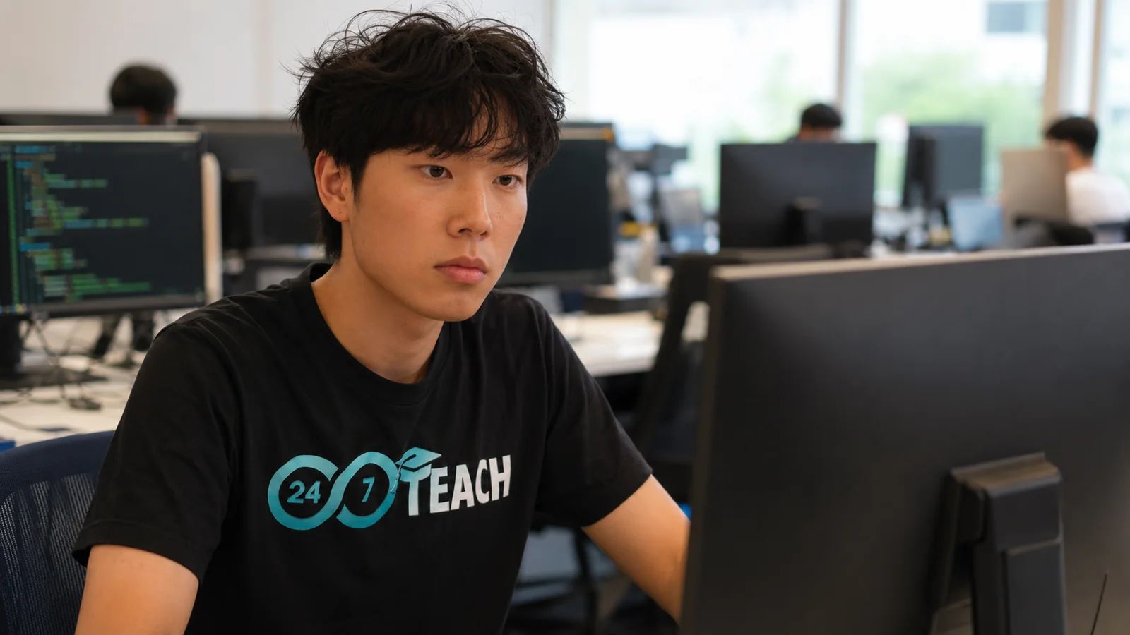 Jiewen H., 24/7 Teach AI Developer Bootcamp graduate, coding at his workstation