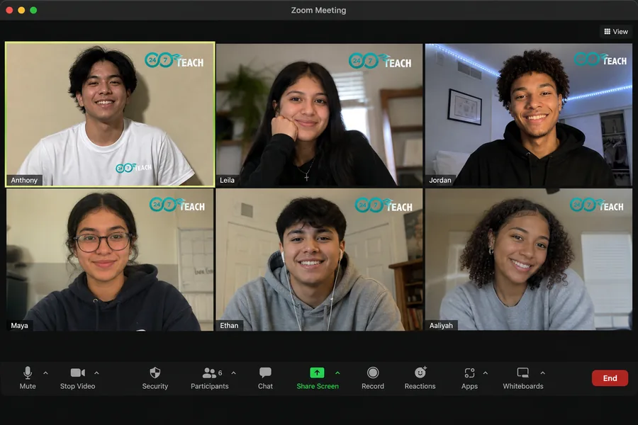 24/7 Teach Zoom cohort — six students smiling on a Zoom call